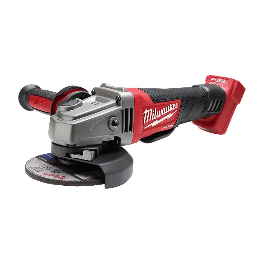 Milwaukee M18 FUEL angle grinder with a side handle, protective wheel guard, and streamlined design for enhanced grip and control.