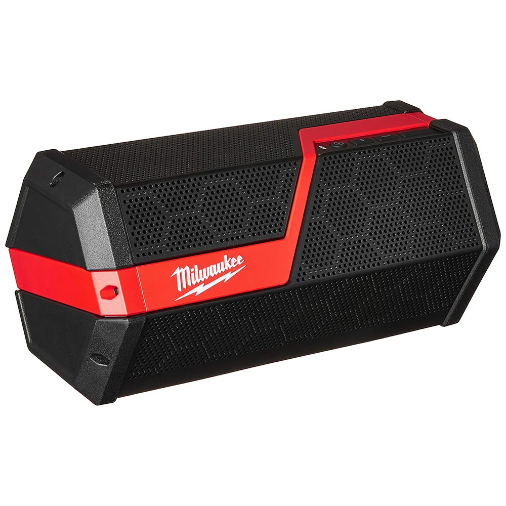 Milwaukee Bluetooth speaker featuring a durable housing, hexagonal grille pattern, side controls, and a sleek design.