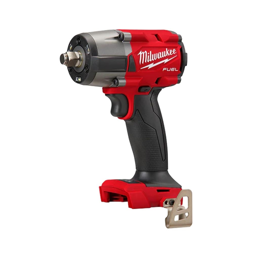 Milwaukee impact wrench with compact front housing, textured black grip, and red body featuring white logo