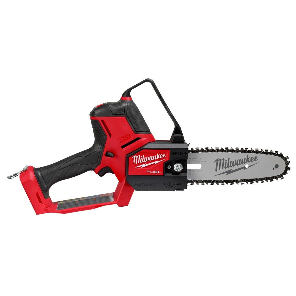 Milwaukee M18 Fuel Hatchet chainsaw with compact design, ergonomic handle, and durable chain for efficient cutting tasks.