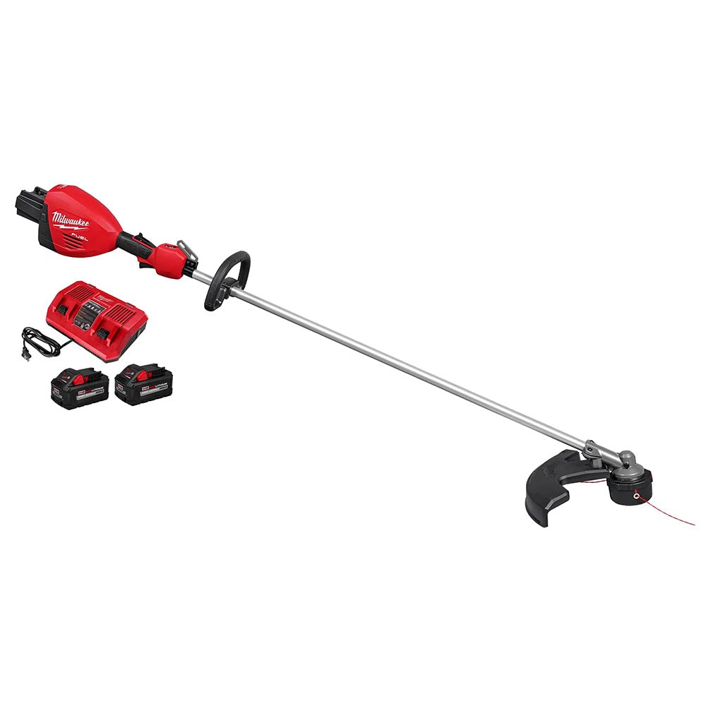 Milwaukee M18 FUEL string trimmer kit with a long straight shaft, ergonomic loop handle, protective guard, and battery set.