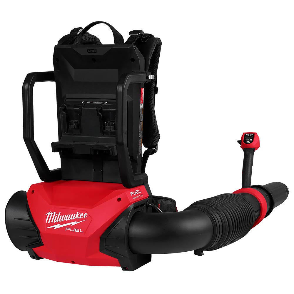 Milwaukee M18 Fuel backpack blower with ergonomic straps, dual battery slots, and flexible hose