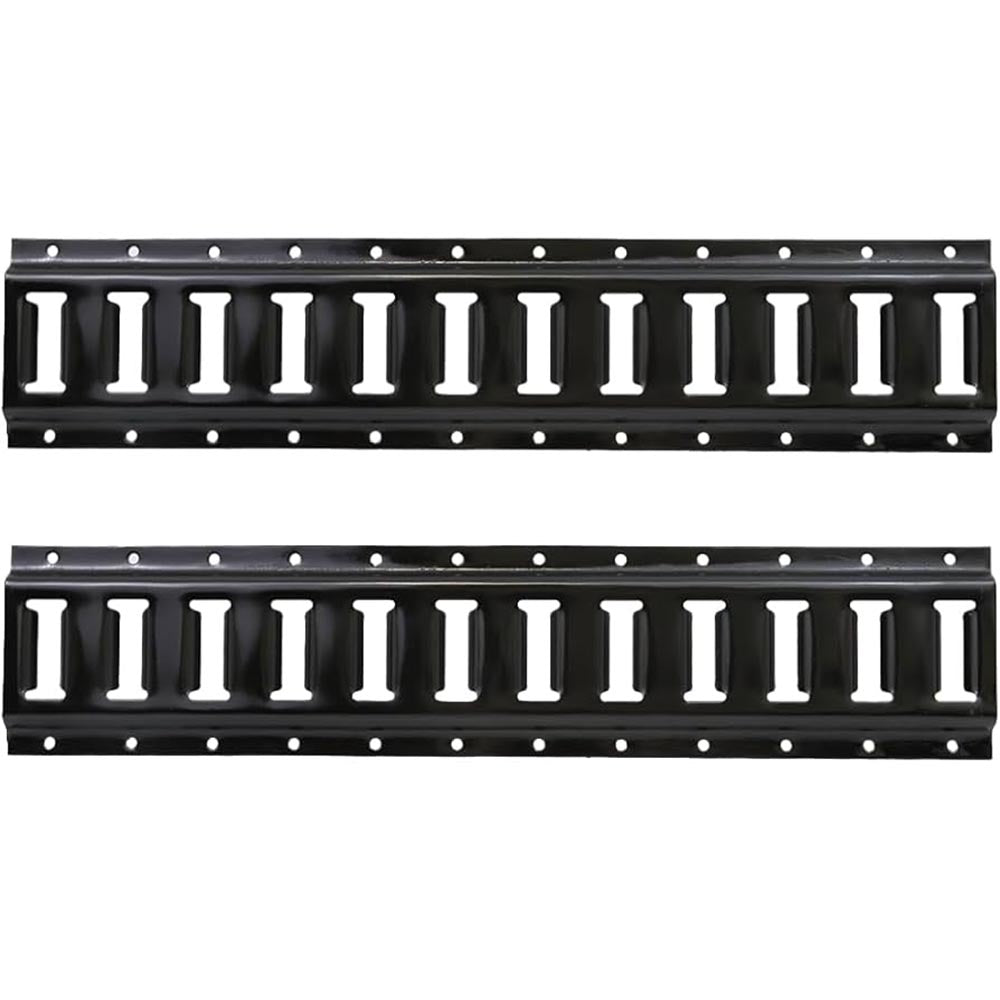 Two identical metal tracks featuring I-beam shaped slots and aligned circular holes along both edges