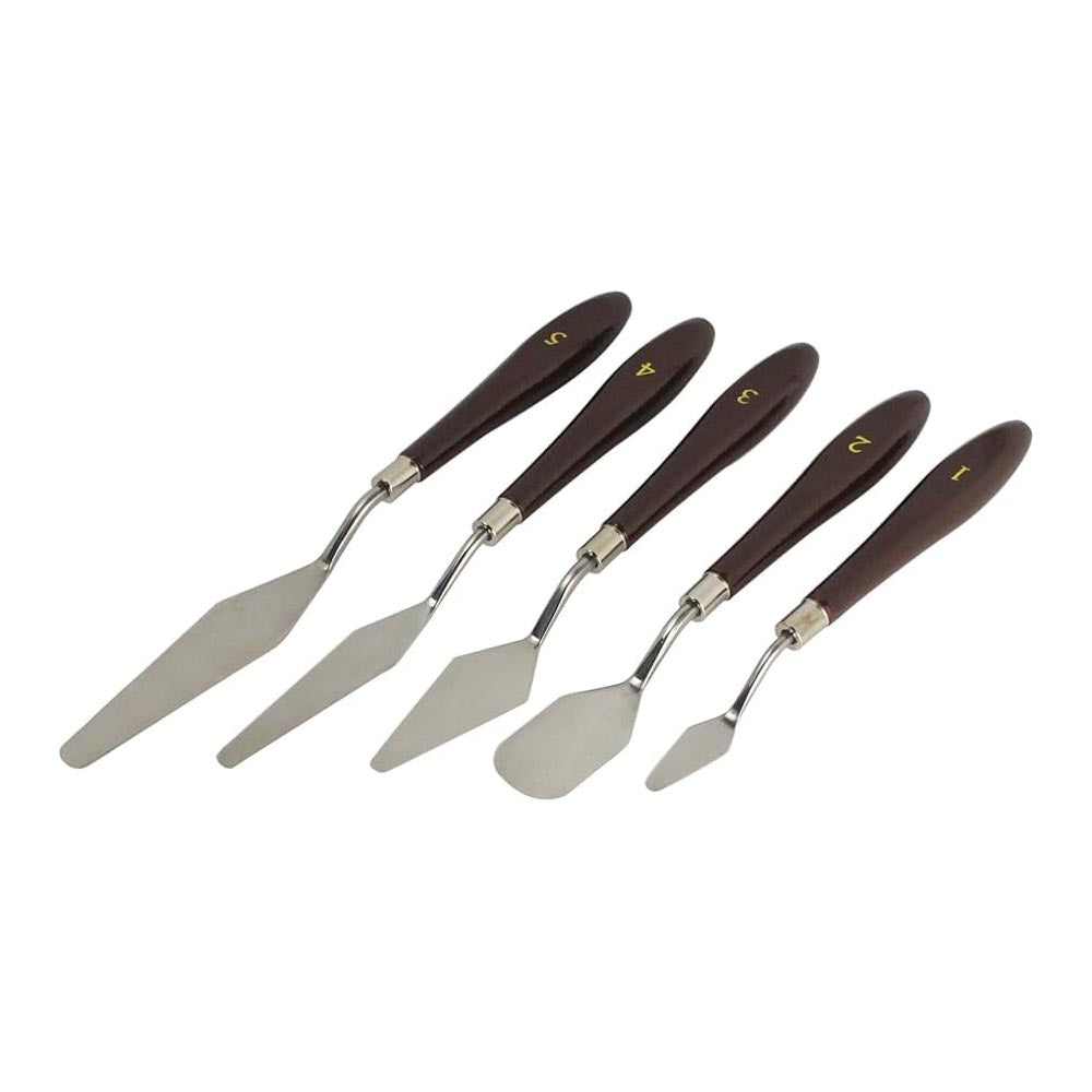 Palette knife set featuring stainless steel blades and dark wooden handles, numbered 1 through 5 for identification.