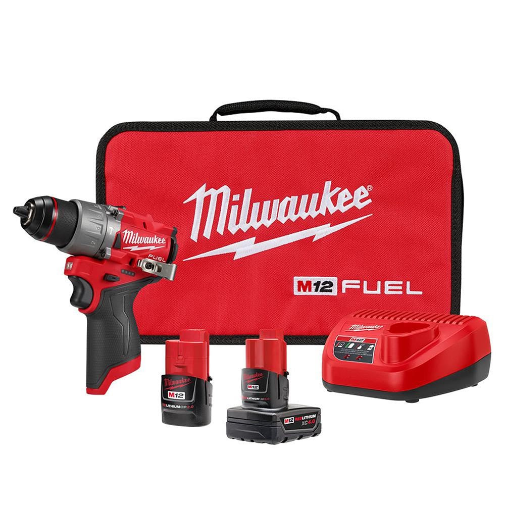 Milwaukee M12 Fuel drill kit with a compact drill, two lithium-ion batteries, a charger, and a red carrying case.