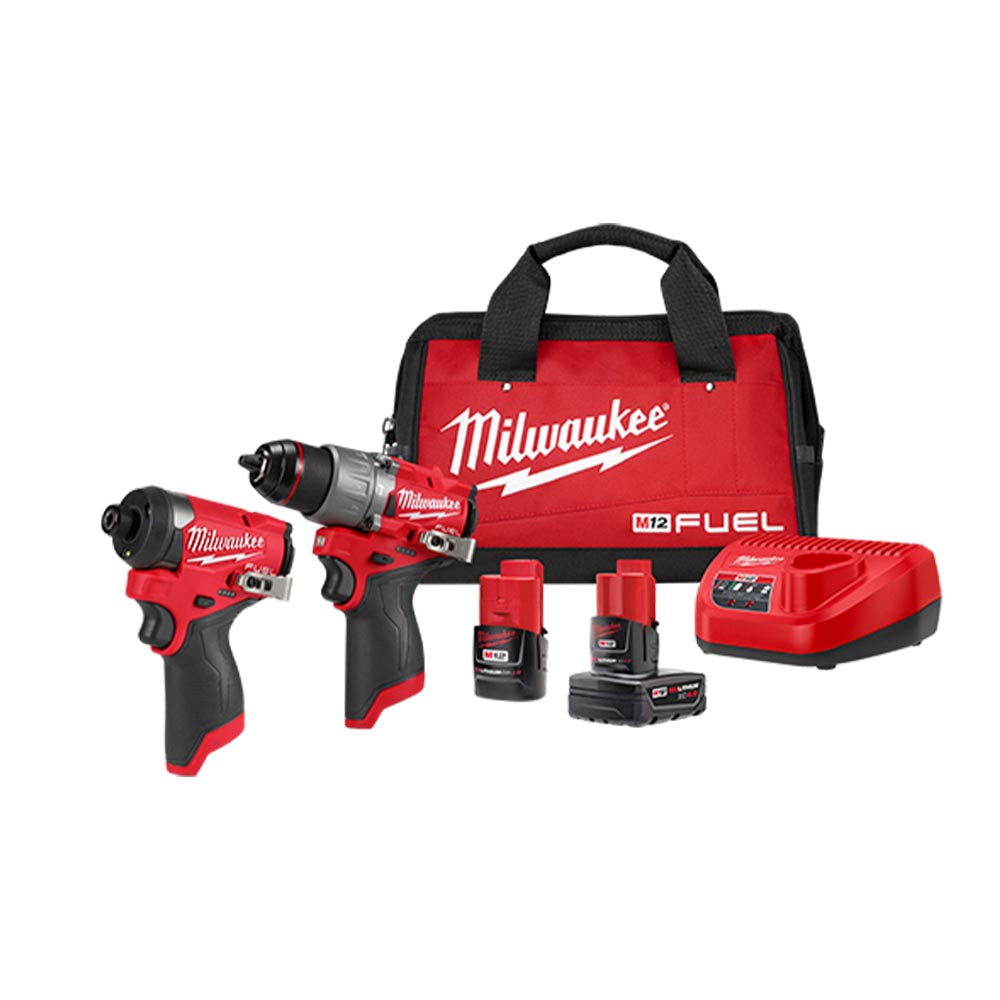 Red Milwaukee M12 Fuel tool kit including a drill, driver, two batteries, charger, and branded tool bag.