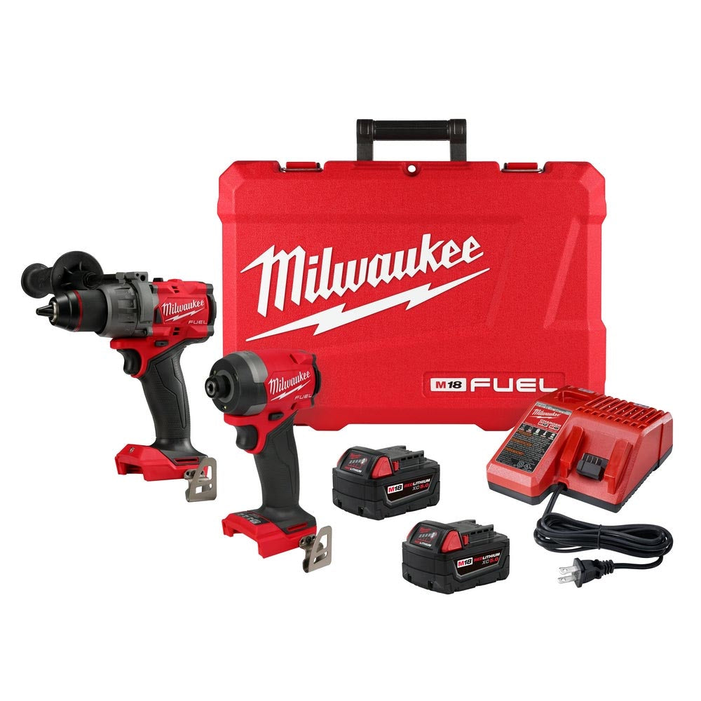 Milwaukee M18 Fuel combo kit with hammer drill, impact driver, charger, two batteries, and a sturdy carrying case.