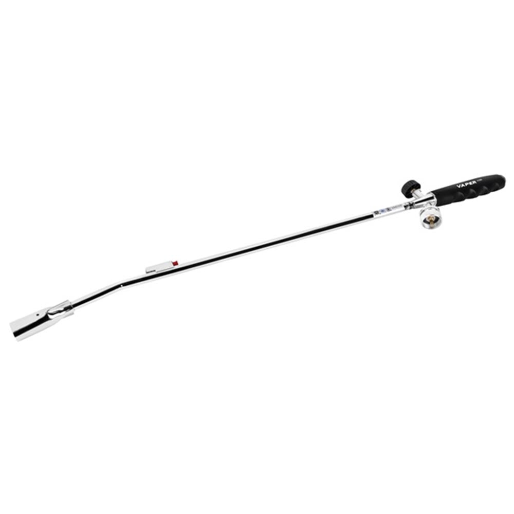 Vaper long-reach torch with a chrome-plated metal tube, ergonomic rubber handle, and adjustable control knob.
