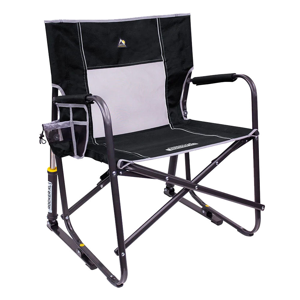 Folding chair with metal frame, padded armrests, mesh cup holder, and dual-tone fabric seat and backrest.