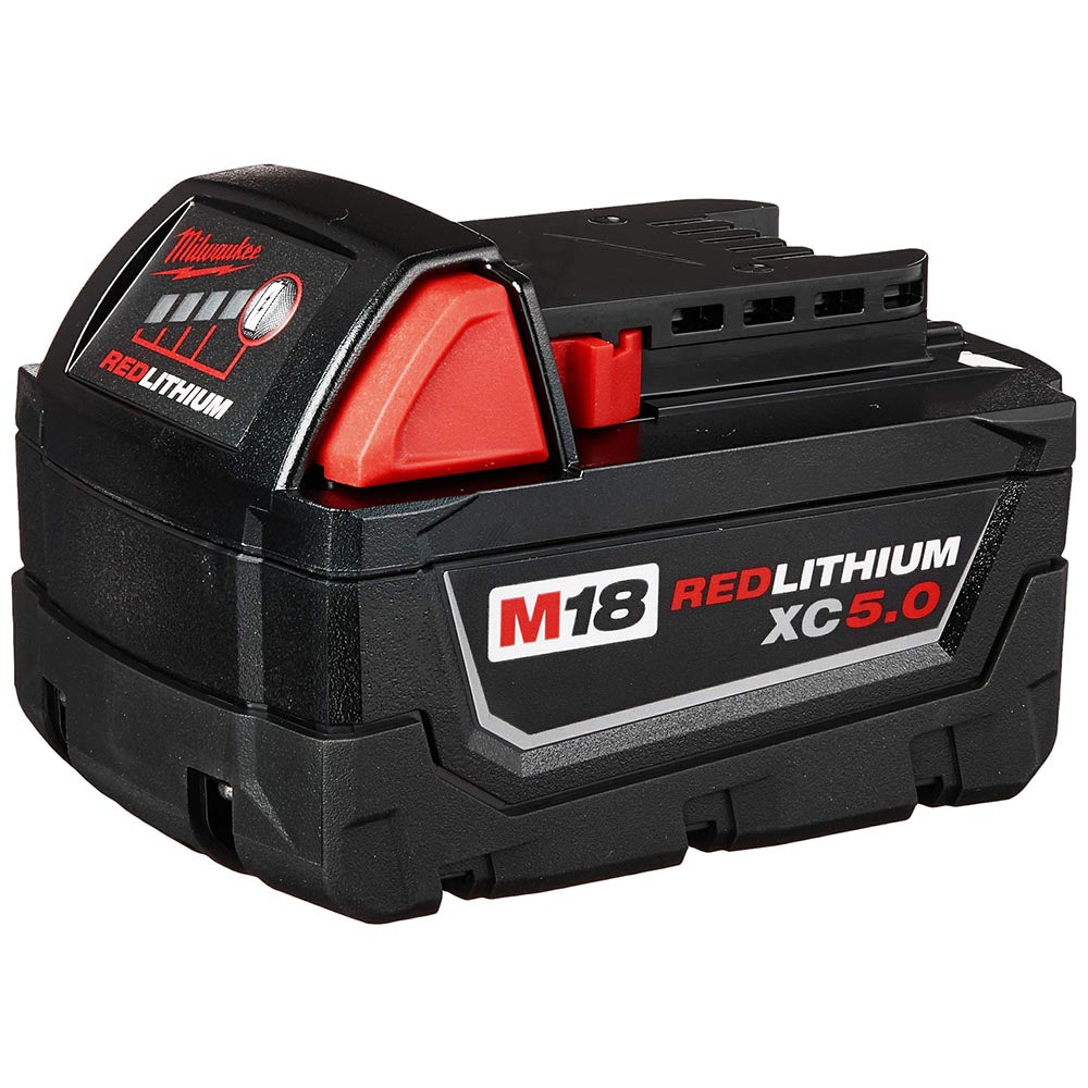 Milwaukee M18 REDLITHIUM XC5.0 battery pack with an angular design, featuring a battery level indicator and prominent release latch.