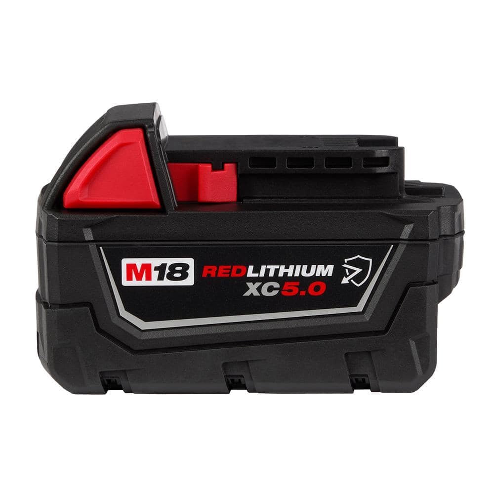 Milwaukee M18 REDLITHIUM XC5.0 battery pack featuring a compact design with a prominent release clip and rugged casing.
