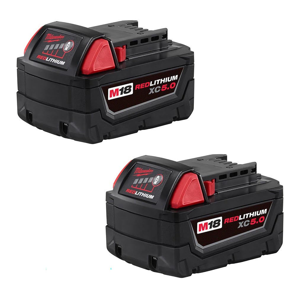 Two Milwaukee M18 REDLITHIUM XC5.0 battery packs, each featuring a compact, rugged design with an easy-to-read charge indicator and release latch.