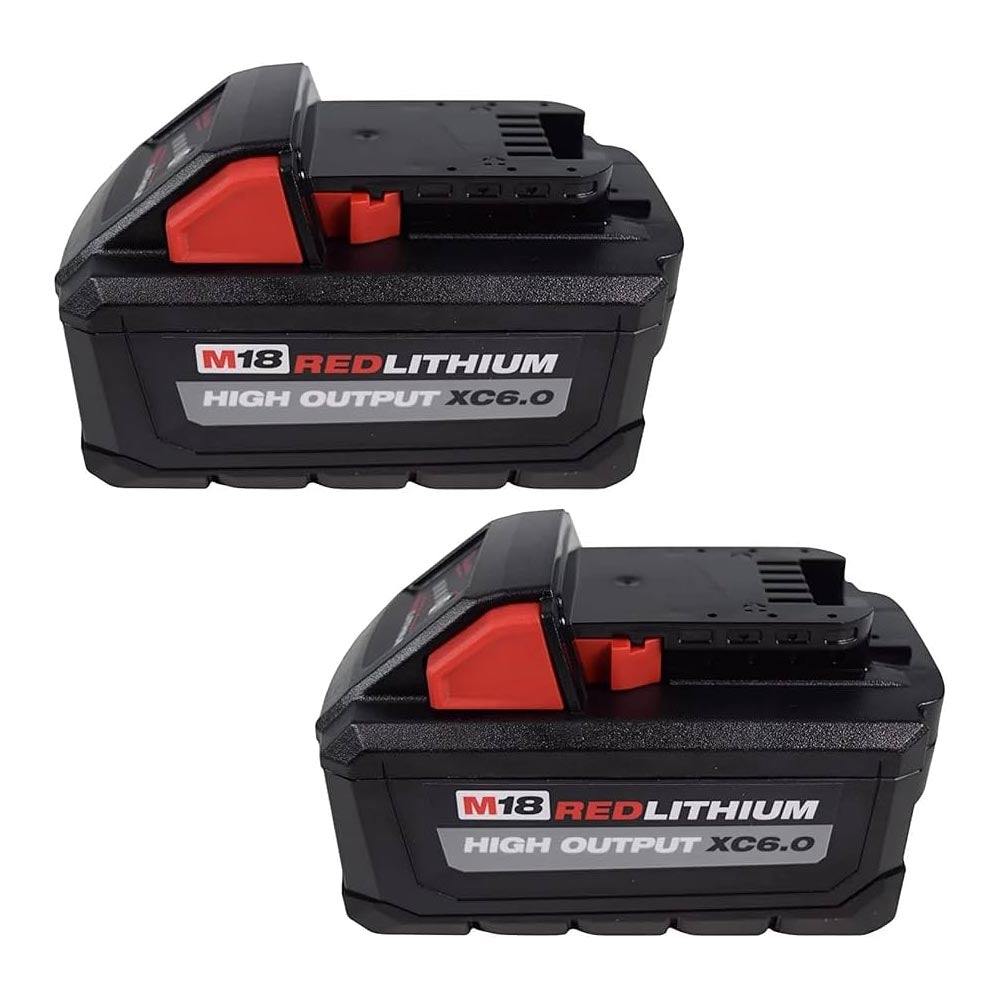 Two Milwaukee M18 REDLITHIUM High Output XC6.0 battery packs, each featuring a rugged design with a visible release latch and labeled capacity.