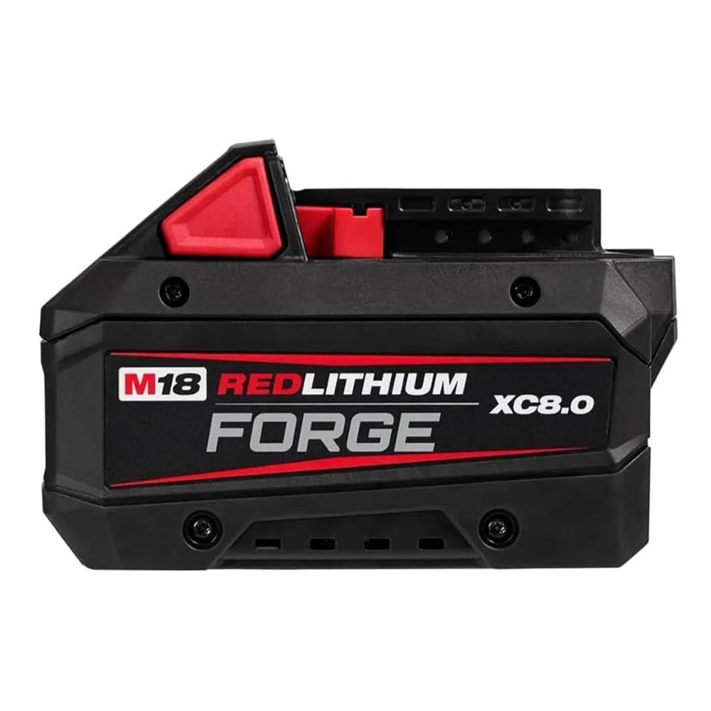 Milwaukee M18 REDLITHIUM FORGE XC8.0 battery featuring a compact design, reinforced casing, and release latch.