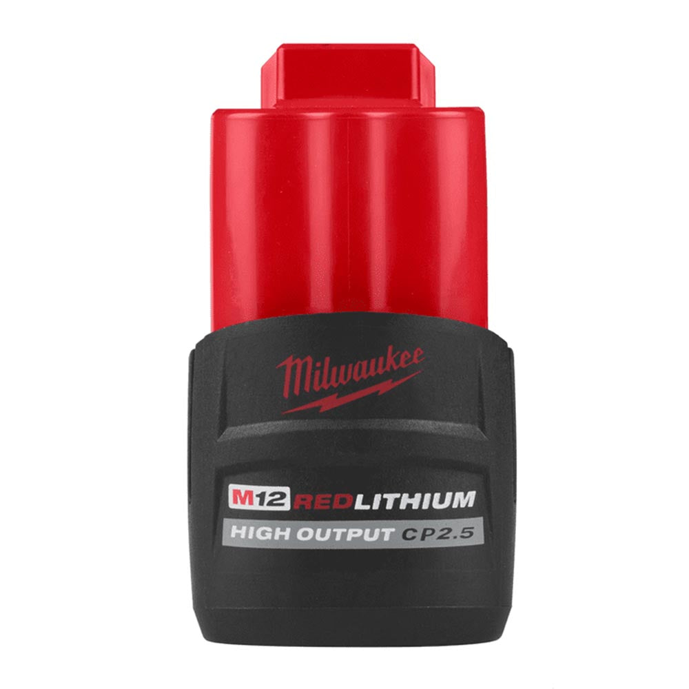 A Milwaukee M12 RedLithium High Output CP2.5 battery, featuring a red and black design, labeled for use with Milwaukee's M12 cordless tools.