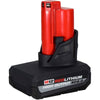 Milwaukee M12 RedLithium high output XC5.0 battery pack in black and red, with visible connector terminals on top.