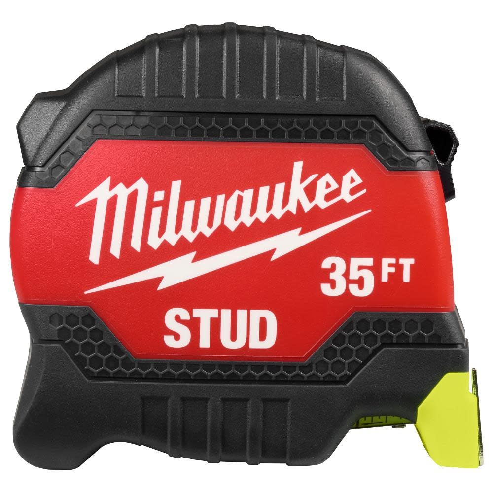 Milwaukee 35FT tape measure with rugged casing, hex-textured grip zones, and wide belt clip cutout