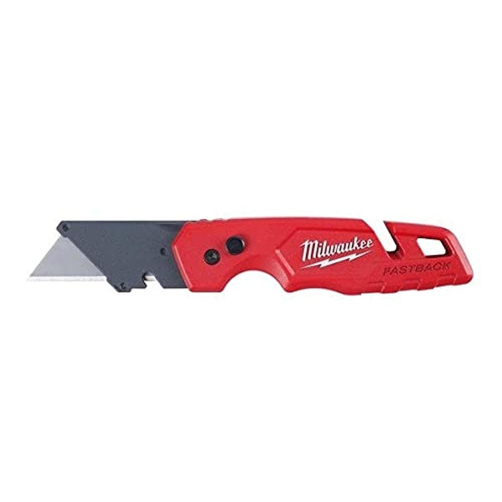 Milwaukee Fastback utility knife with a red ergonomic handle, folding mechanism, and replaceable blade design.