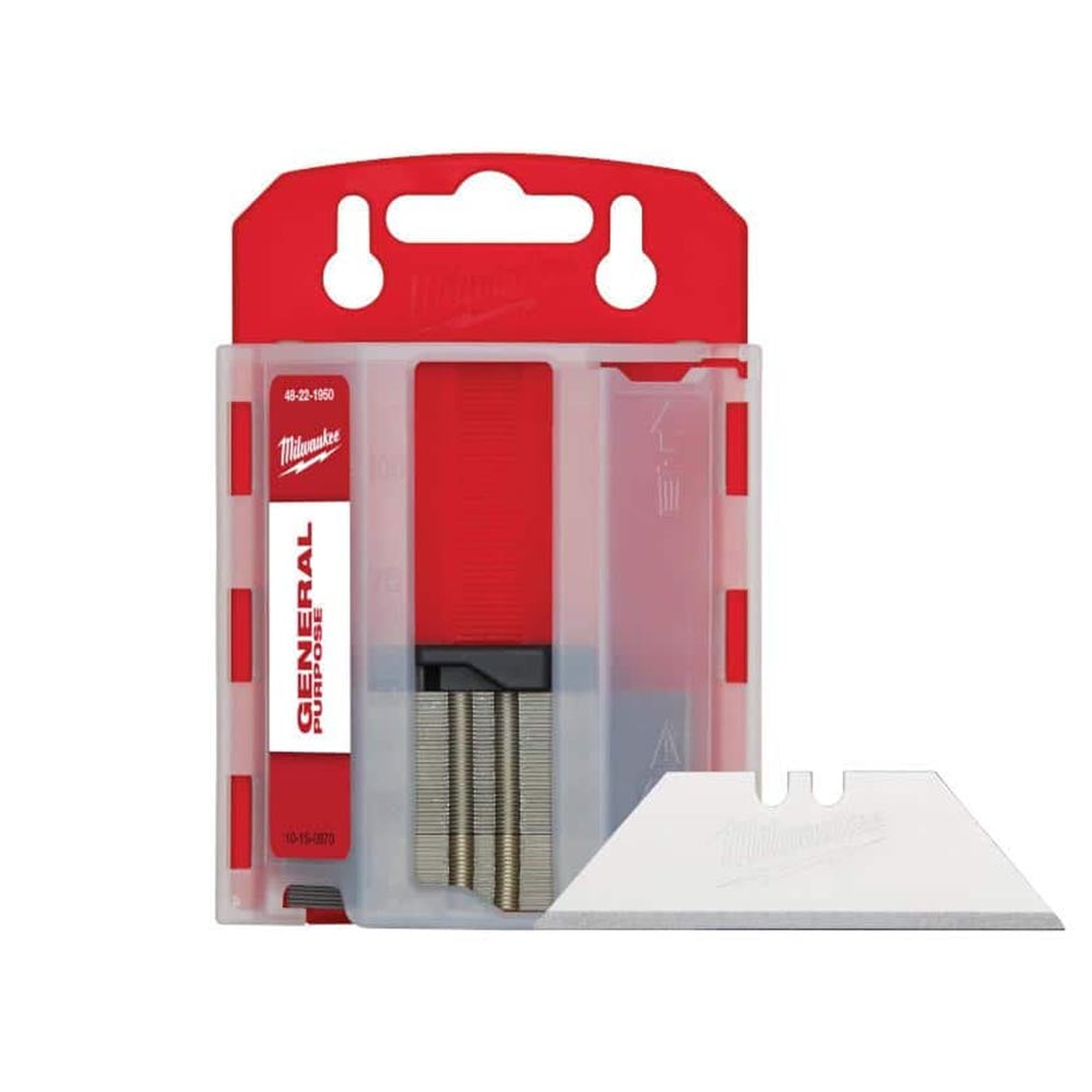 Milwaukee general-purpose utility blades in a red and clear plastic case, with one blade displayed in front.