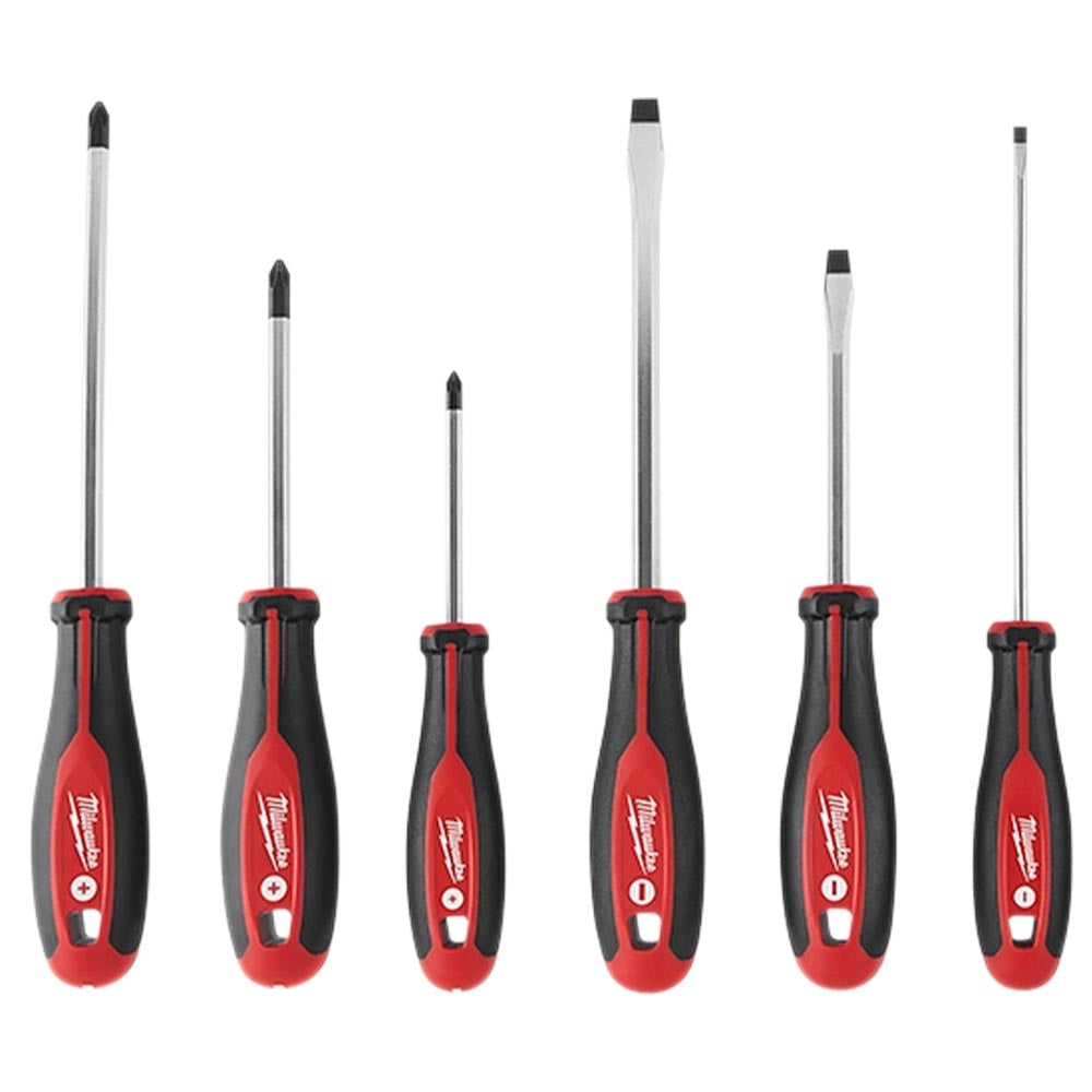 Set of six Milwaukee screwdrivers with black and red handles, featuring both Phillips and flathead tips.
