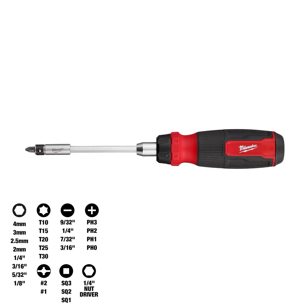 Red and black Milwaukee multi-bit screwdriver, shown with different bit sizes and types for versatile use, including hex, Phillips, and square bits.