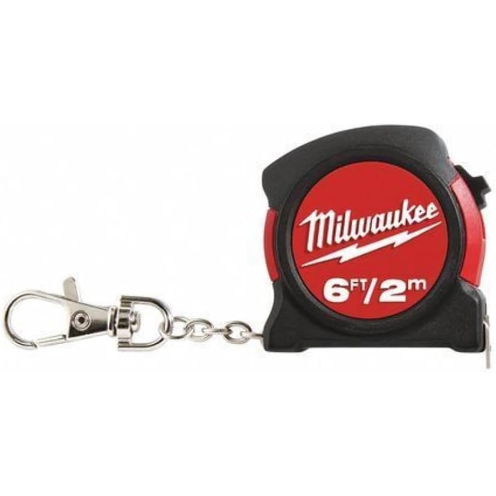 A Milwaukee 6-foot/2-meter pocket tape measure in black and red, featuring a keychain attachment with a metal clasp for easy portability