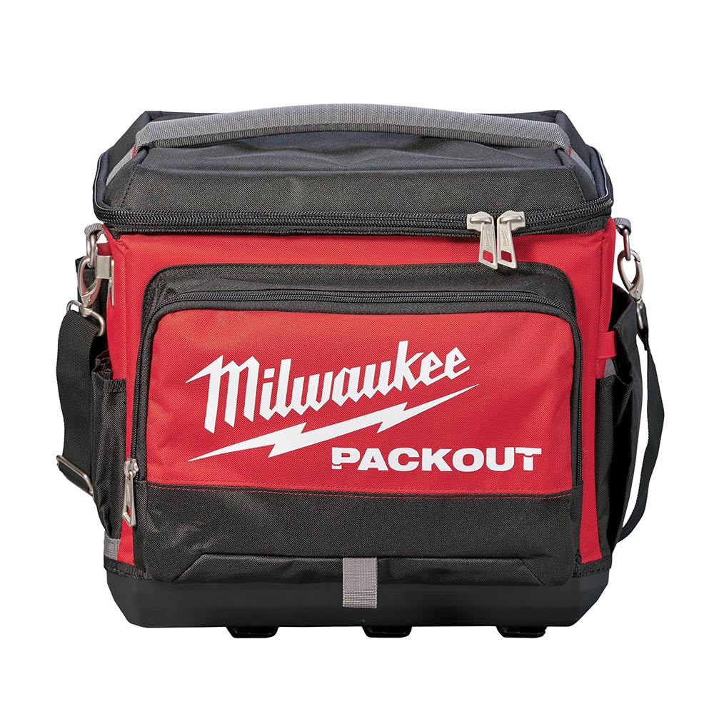 Milwaukee Packout cooler bag with a zippered main compartment, a front storage pocket, side pouches, and a shoulder strap.