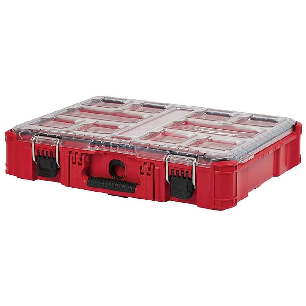 Red storage case with a transparent lid, featuring multiple compartments, black latches, and a central handle.