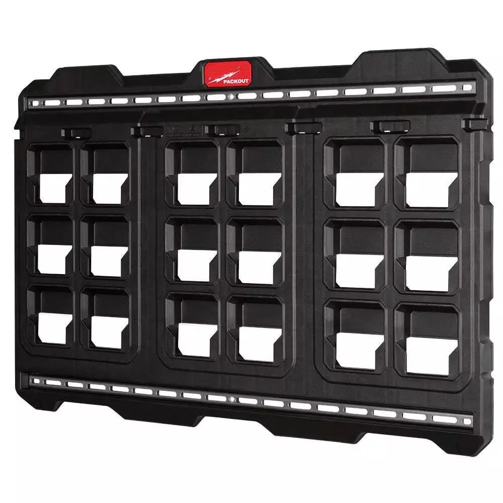 Milwaukee Packout mounting plate with a durable rectangular frame, multiple cutouts, and integrated locking slots.