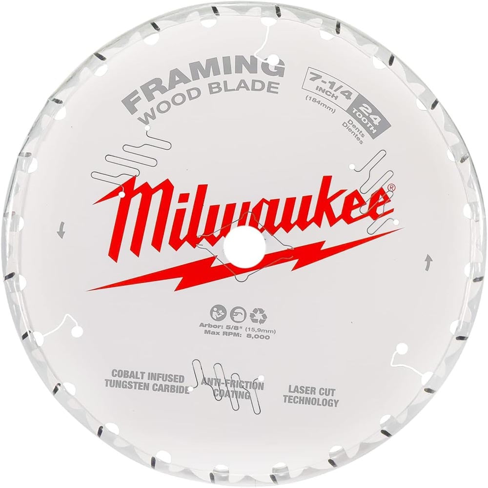 Framing saw blade by Milwaukee featuring a durable metal body, precision-ground teeth, expansion slots, and bold branding.