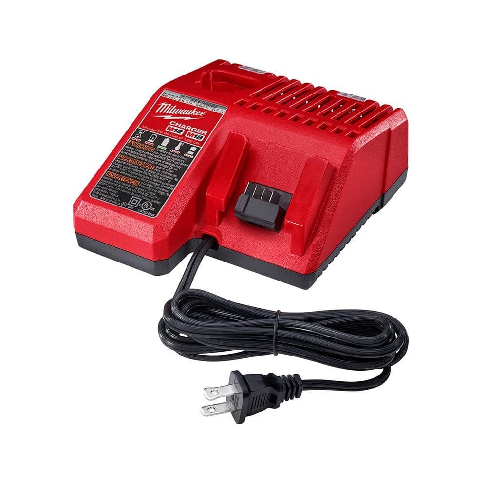 Milwaukee M18/M12 multi-voltage charger in red with a black power cord, designed for rapid battery charging