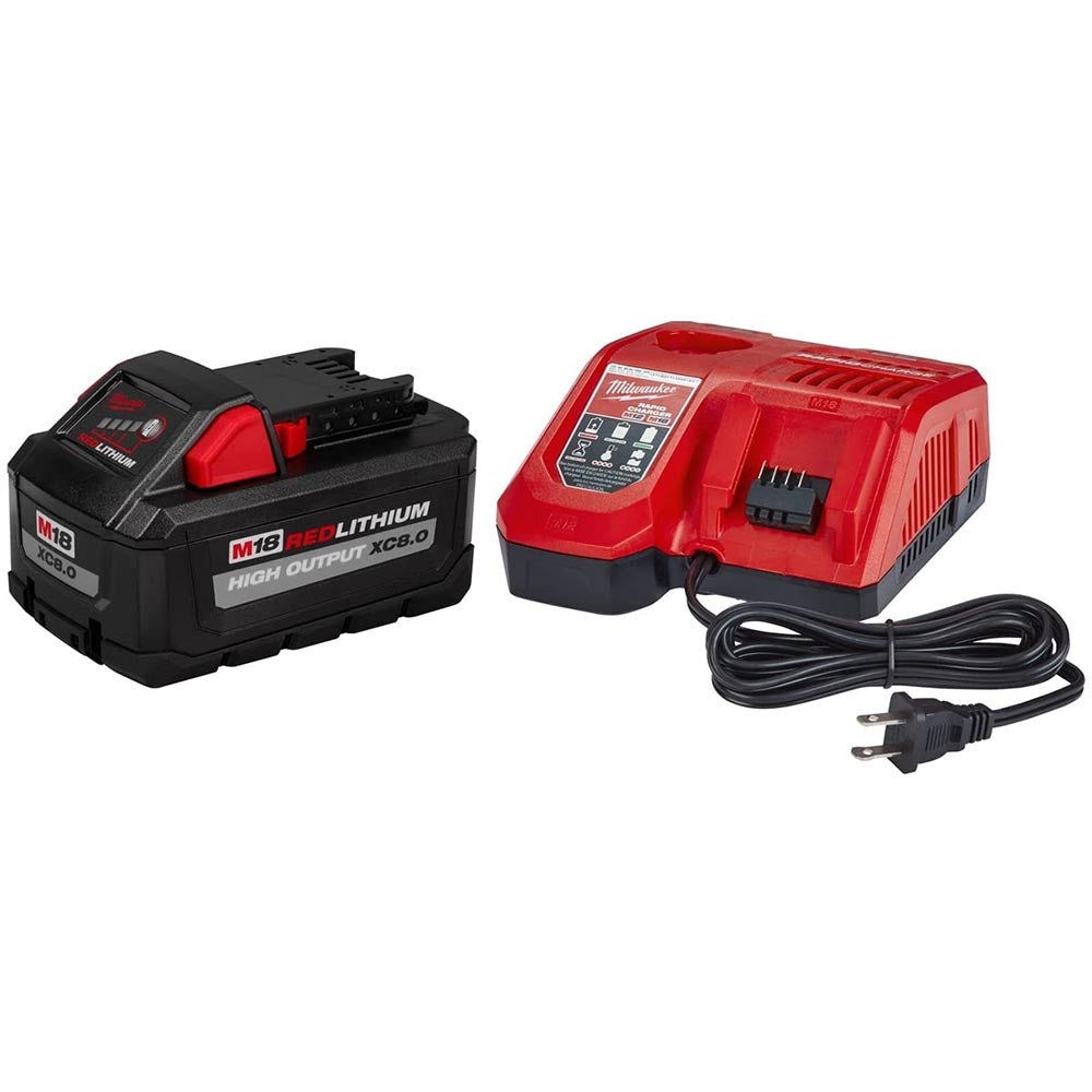 Milwaukee M18 REDLITHIUM XC8.0 battery with high output and matching charger for fast recharging