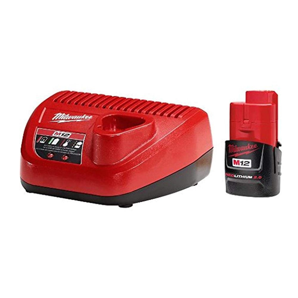 Milwaukee M12 charging kit including a red charger and a RedLithium 2.0Ah battery, suitable for powering Milwaukee M12 series cordless tools.