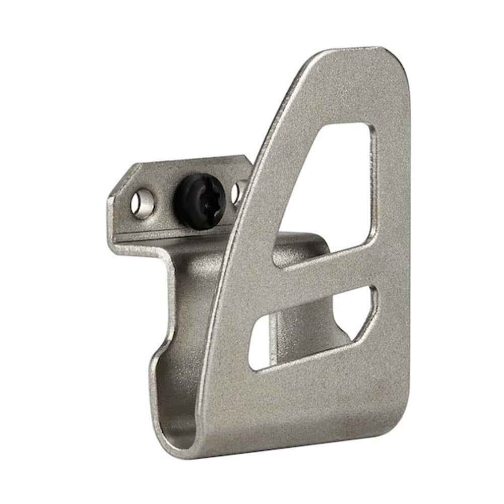 Metal belt clip accessory with mounting holes and a sleek, angled design for secure attachment