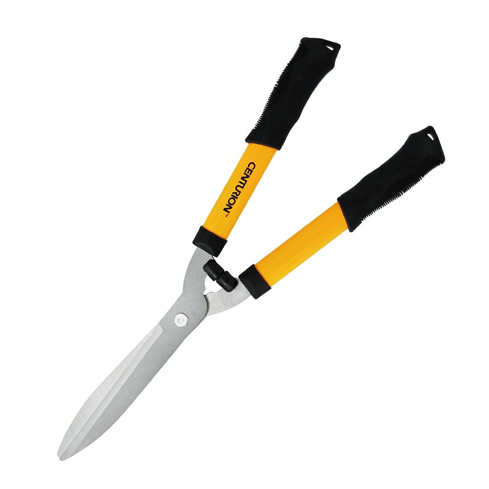 Centurion hedge shears with long yellow handles, black ergonomic grips, and sharp stainless steel blades.