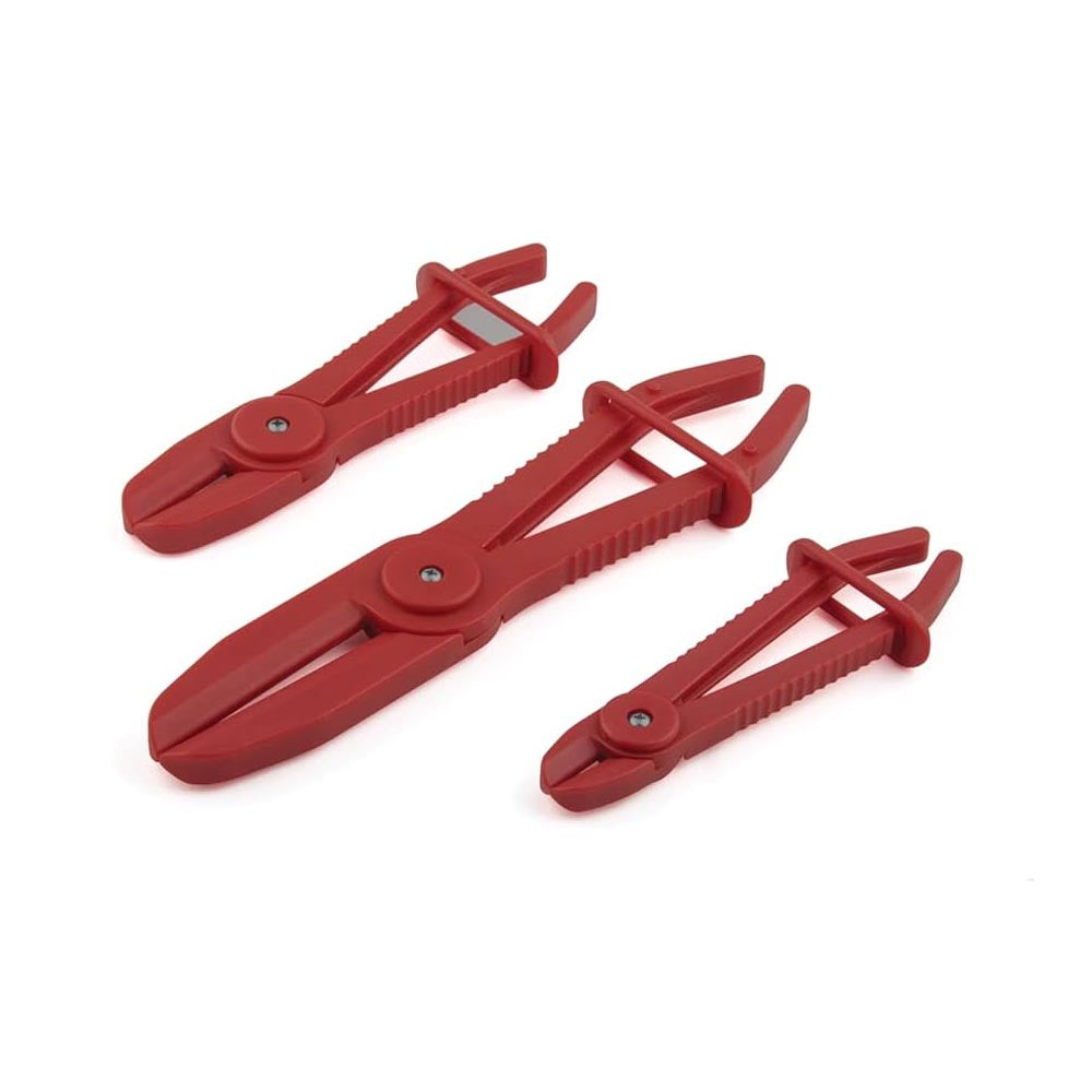 Set of three red plastic hose pinch-off pliers in varying sizes with textured arms and sliding locking clips