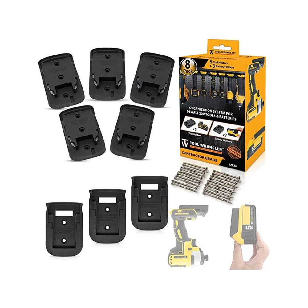Tool Wrangler organization system for Dewalt 20V tools, including five black tool holders, three battery holders, and screws, with packaging shown on the right.