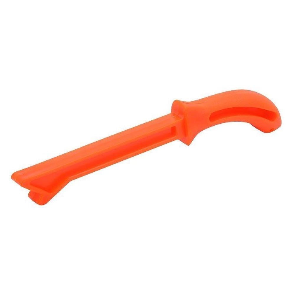 An orange plastic push stick designed for use with a table saw, featuring an ergonomic handle and a notched end to safely guide wood through the saw blade.