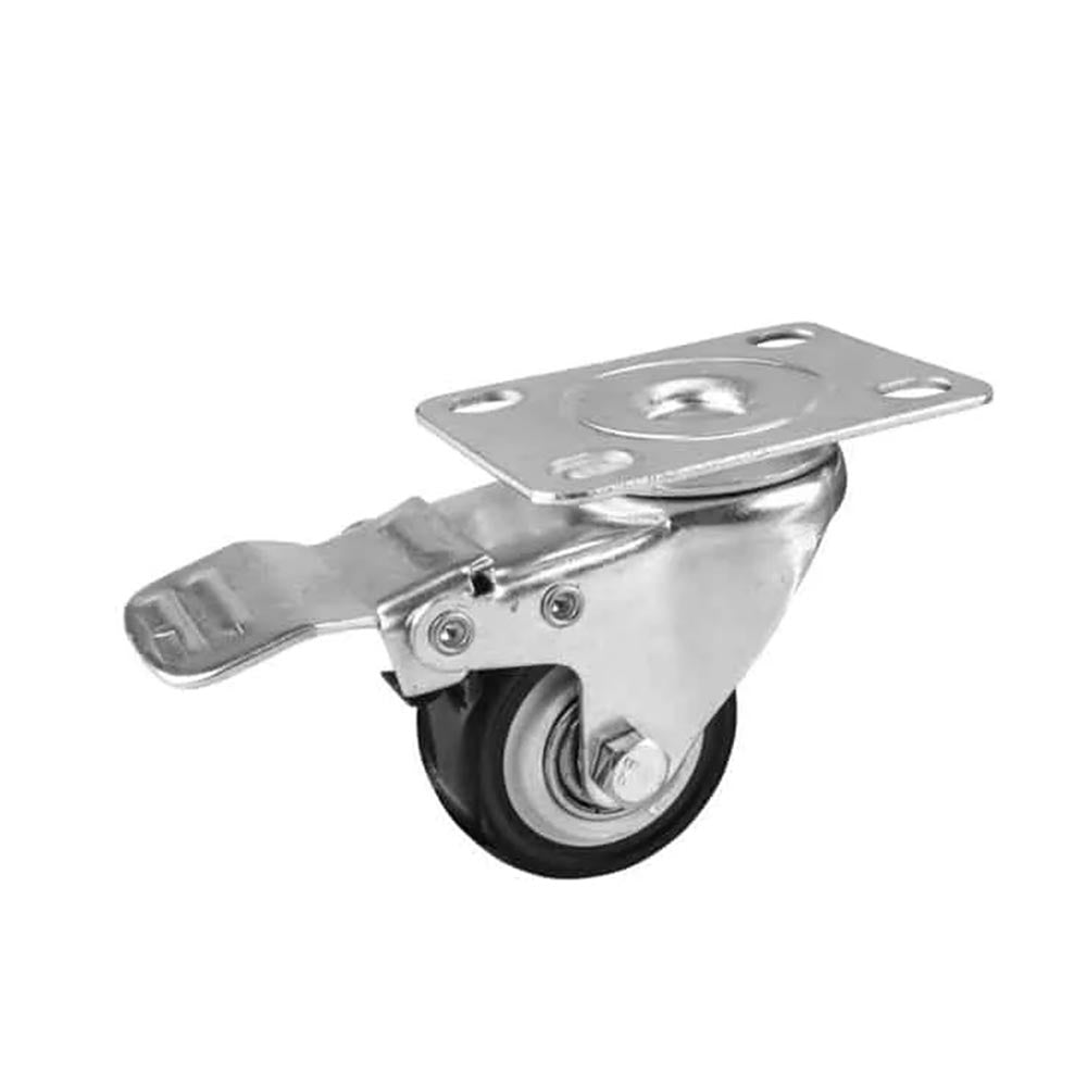 Heavy-duty caster featuring flat top plate, locking mechanism, and black wheel encased in steel housing