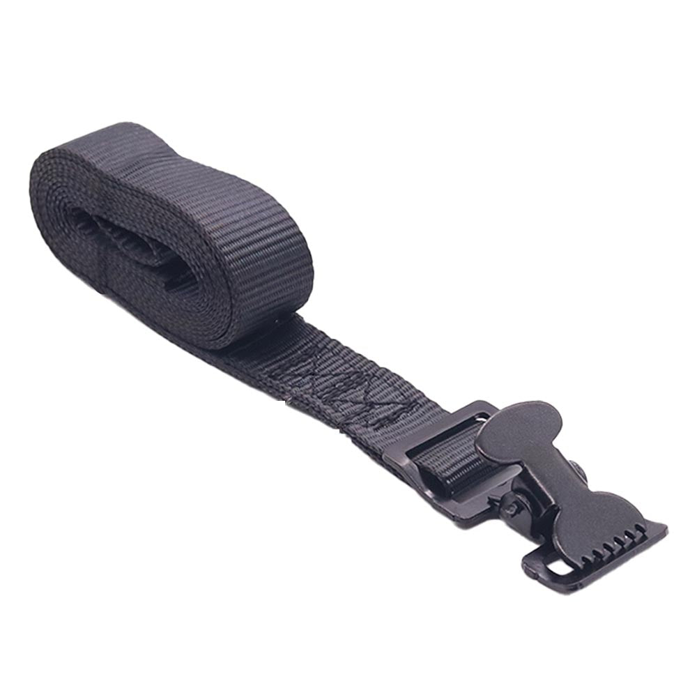 Flat woven strap with looped coil and durable buckle secured to reinforced end stitching for strength