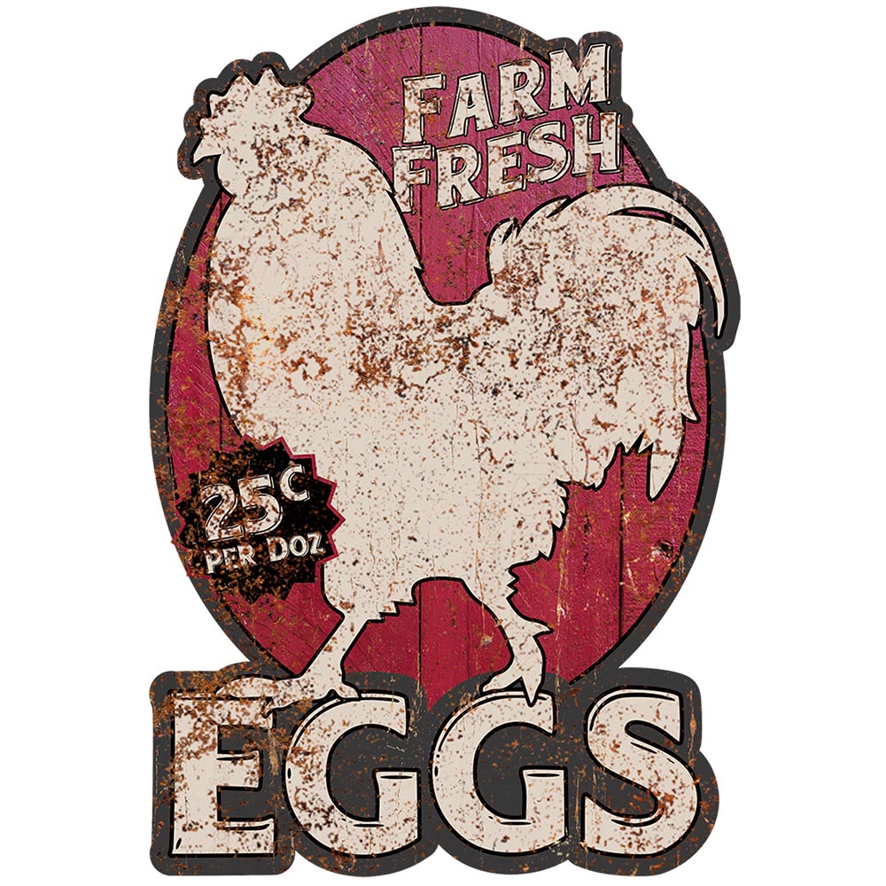 Rustic "Farm Fresh Eggs" sign featuring a weathered rooster silhouette and pricing text, with a distressed finish.