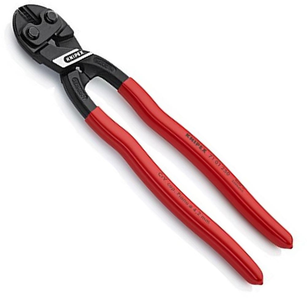 Knipex bolt cutters with a compact black cutting head, dual bolts, and ergonomic red insulated handles.