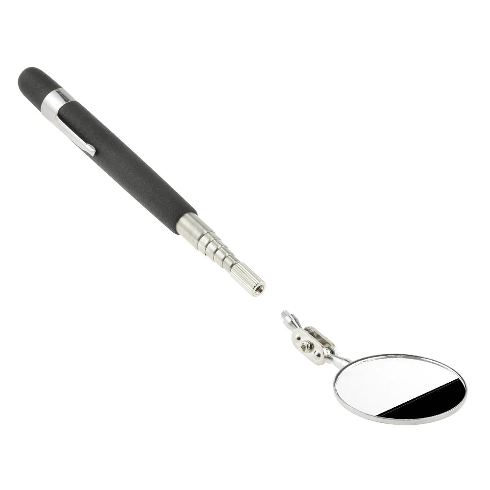 Telescoping inspection mirror with a detachable round mirror and a black handle, featuring a pocket clip.