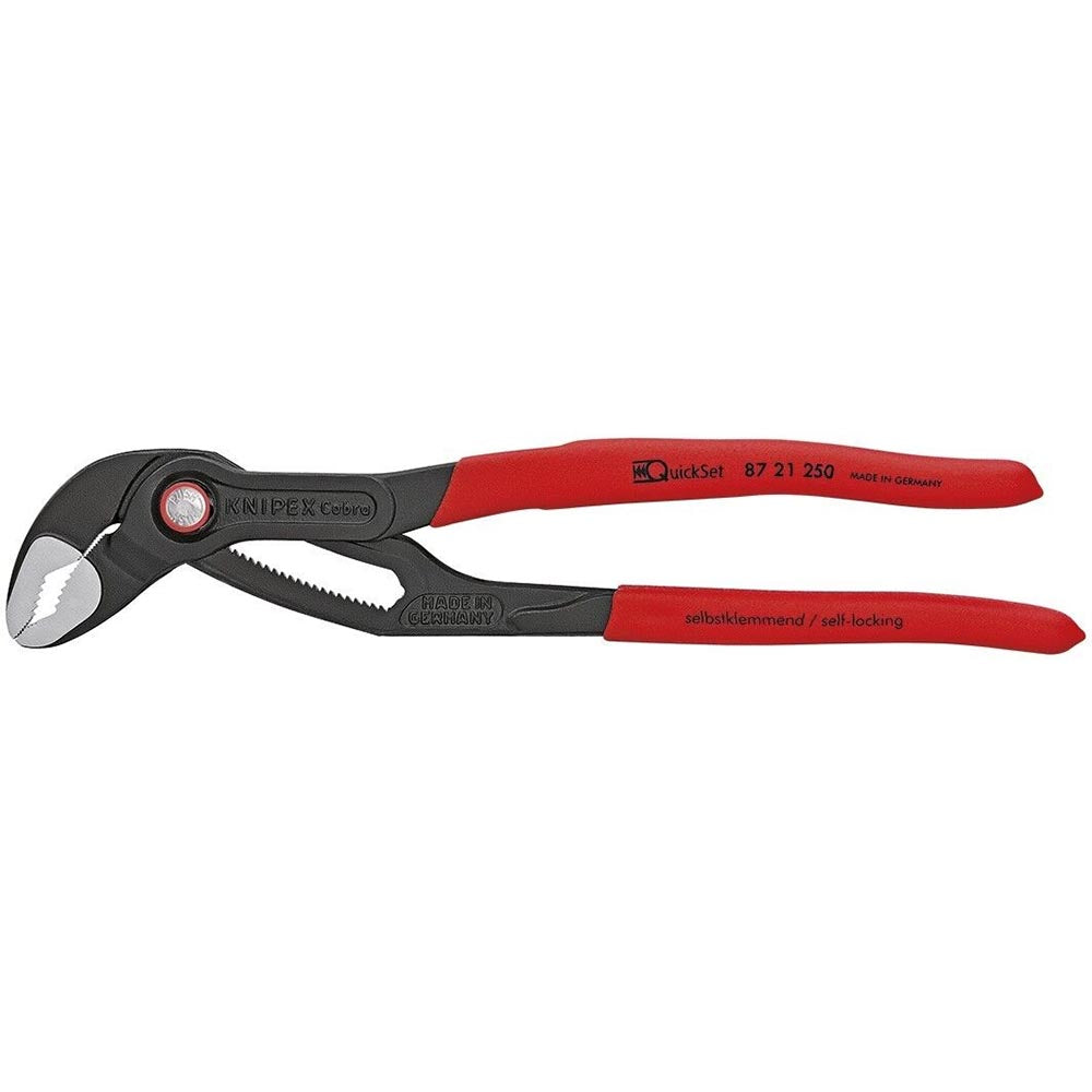 Knipex Cobra pliers with angled jaws and red handles featuring QuickSet self-locking adjustment.