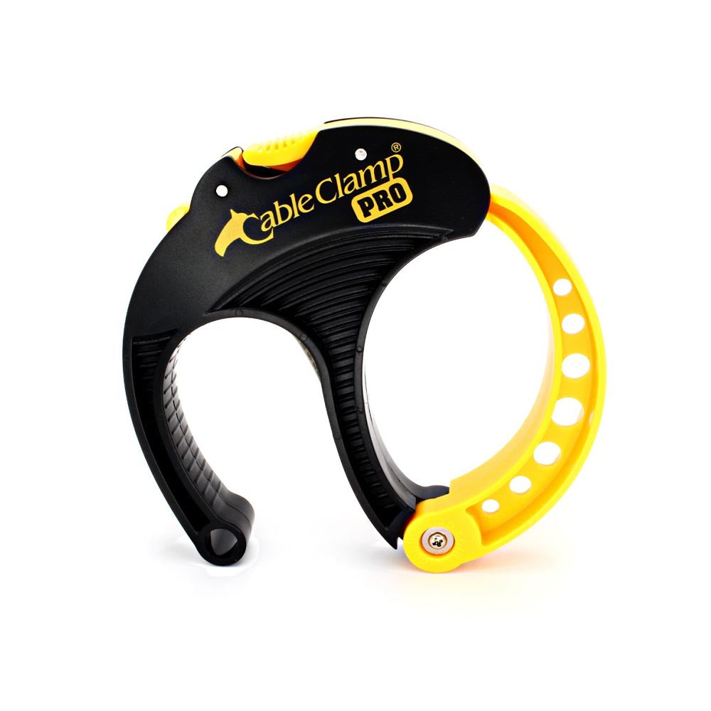 Cable Clamp Pro with a black and yellow design, featuring an ergonomic handle and locking mechanism.