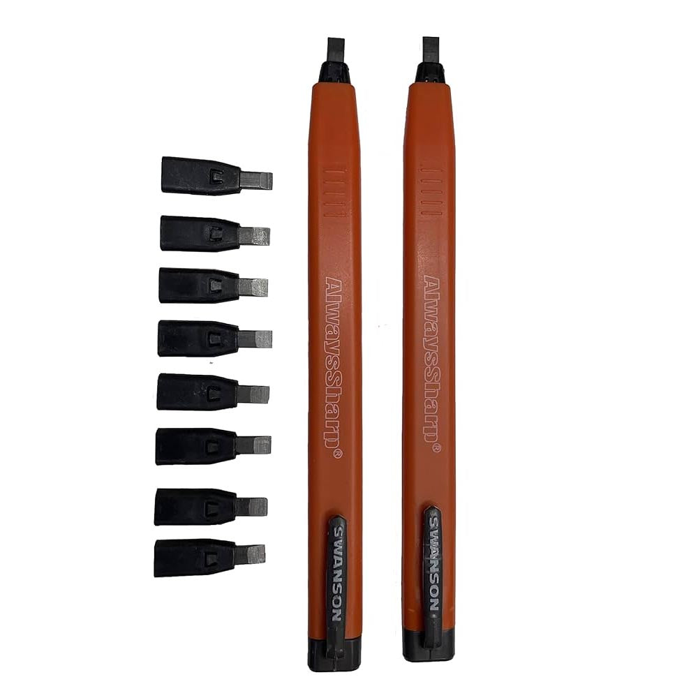 Pair of Swanson AlwaysSharp pencils with rectangular orange bodies and ten replaceable black tip cartridges