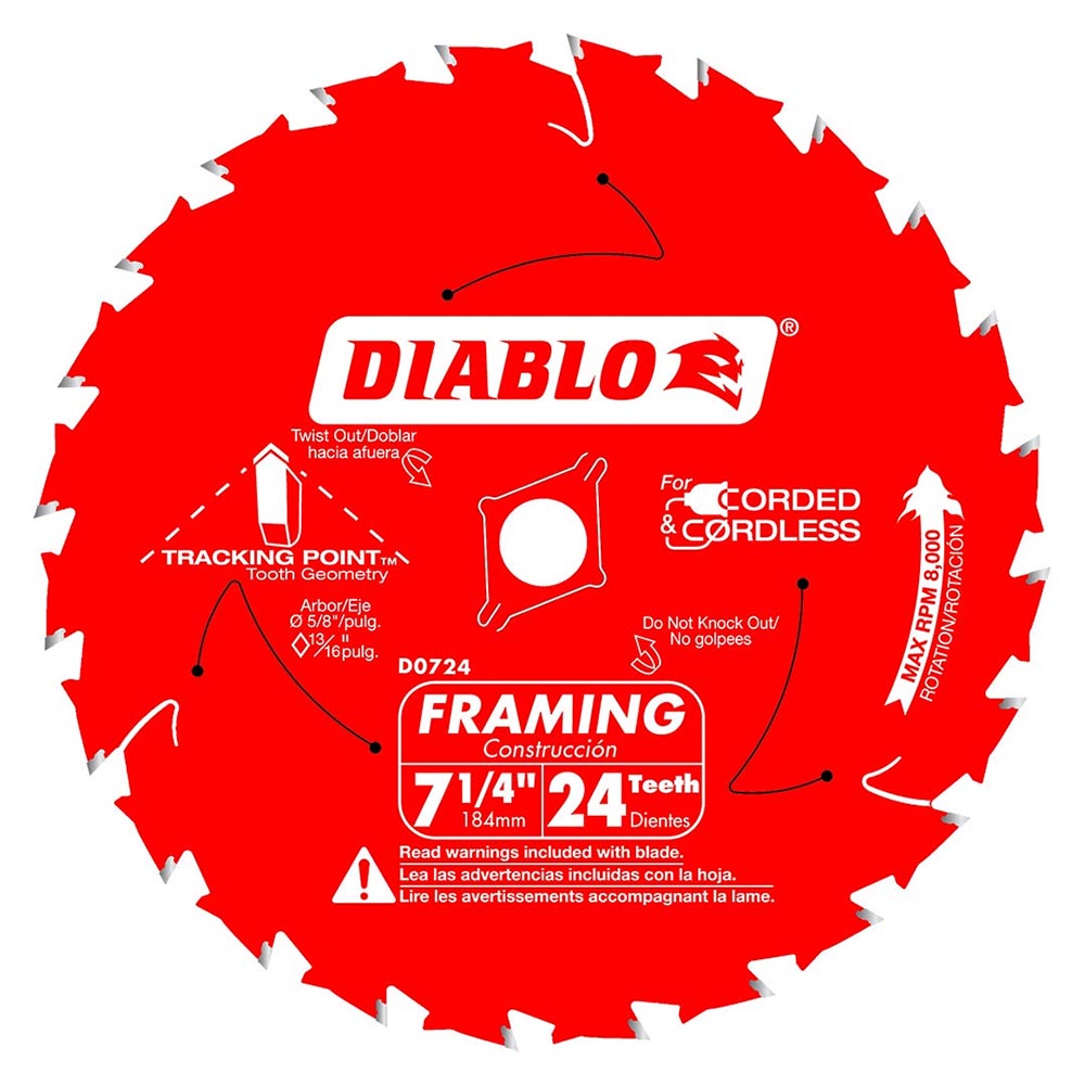 Diablo 7 1/4-inch 24-tooth framing blade in red, marked with key specifications for use in corded and cordless circular saws, including a tracking point tooth geometry.