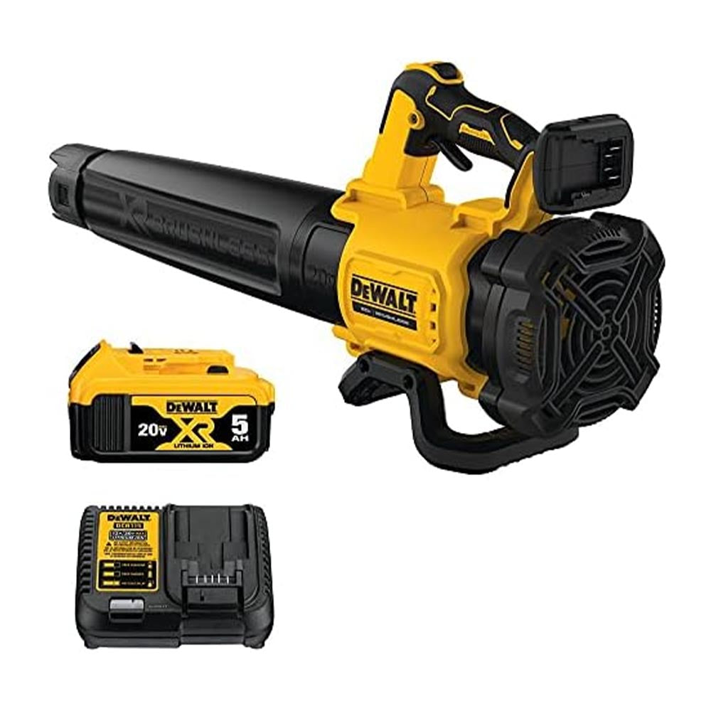 DeWalt 20V Max XR blower kit, including a high-performance cordless leaf blower, a 5.0Ah battery, and a charger, ideal for clearing leaves and debris.