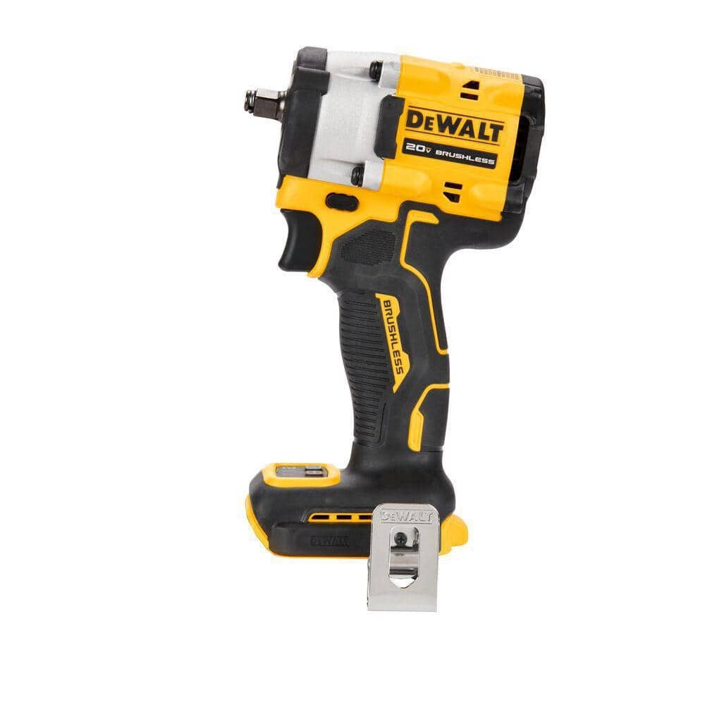DeWalt 20V Max impact wrench with a yellow and black design, equipped with a brushless motor and a sturdy metal belt hook, ideal for heavy-duty fastening tasks.
