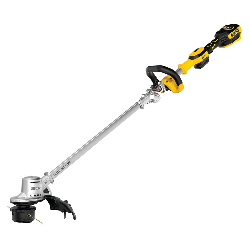 DeWalt 20v brushless string trimmer featuring a dual-line cutting head, ergonomic grip, and lightweight aluminum shaft.